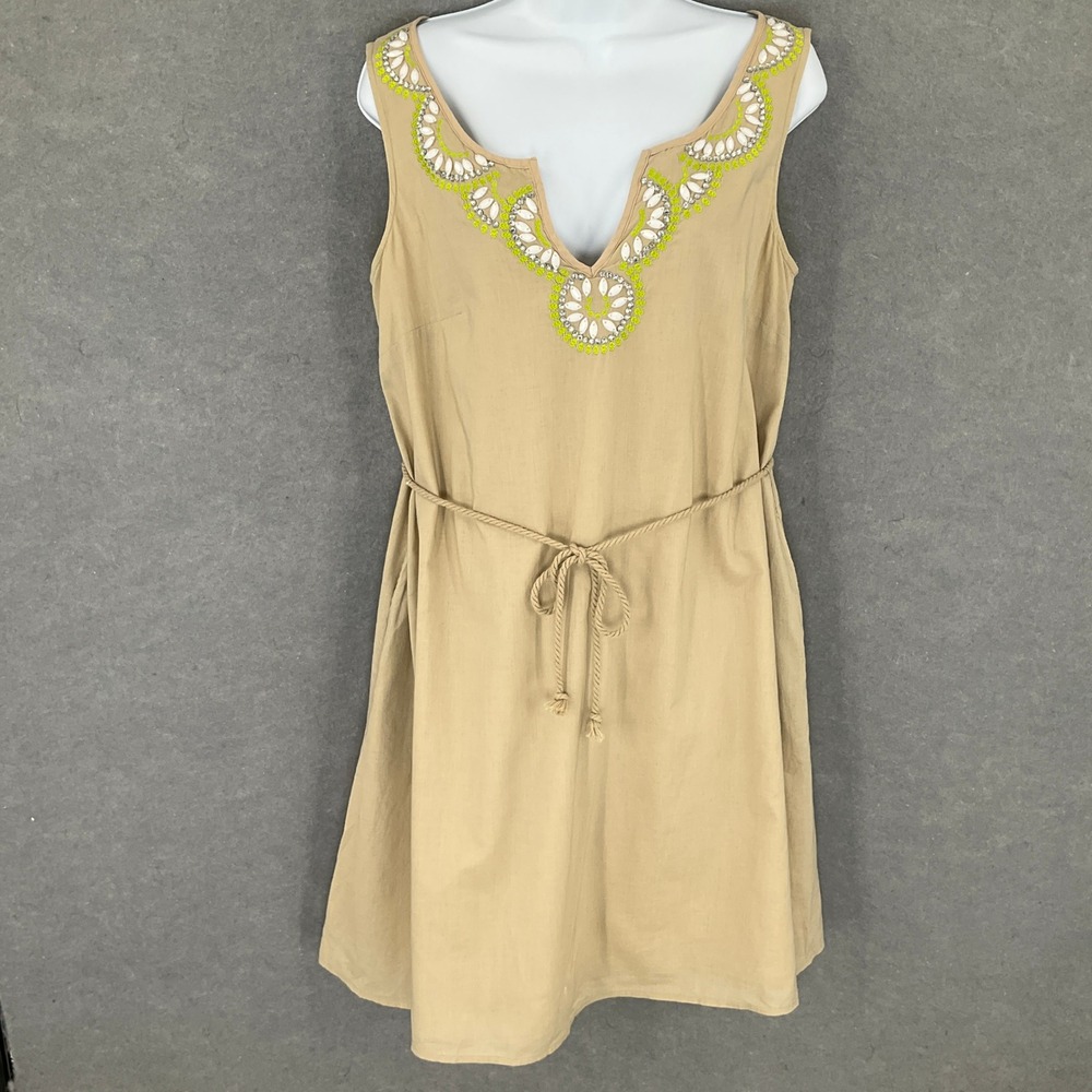 Calypso St Barth Dress Sz M Khaki Cotton Beaded Trim Cruise Resortwear Travel‎